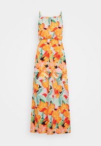 Florale maxi-jurk met een aansluitend lijfje en een belTde taille. Heeft oranje en roze bloemen op een lichtgroene achtergrond, verstelbare schouderbanden.