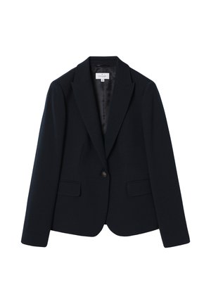 Blazer noir cintré pour femme à un bouton, avec revers et poches à rabat sur le devant, présenté sur fond blanc.