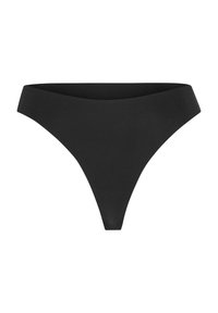 Black thong underwear with a smooth texture, a low-rise waistband, and minimal coverage design suitable for comfort and discretion.
