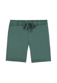 Costumi da bagno verde scuro realizzati in tessuto leggero, dotati di una cintura elastica con cordoncino e tasche laterali.