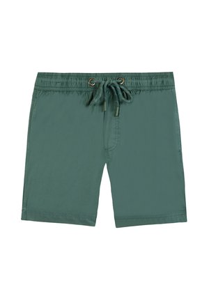 Shorts de bain vert foncé en tissu léger, dotés d'une taille élastique avec cordon de serrage et de poches latérales.