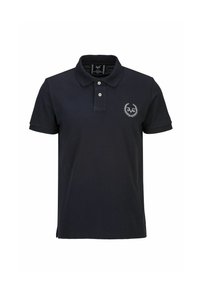 Marineblauwe polo shirt van katoen, met een kraag, een twee-knopen knoopsluiting en een klein wit logo op de borst.