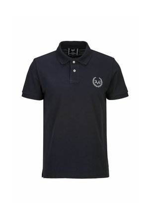 Marineblaues Poloshirt aus Baumwolle mit Hemdkragen, zwei Knöpfen und einem kleinen weißen Logo auf der Brust.