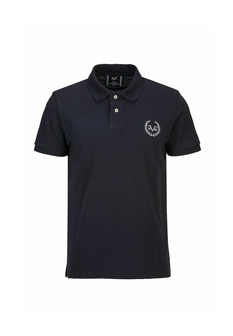 Marineblauwe polo shirt van katoen, met een kraag, een twee-knopen knoopsluiting en een klein wit logo op de borst.