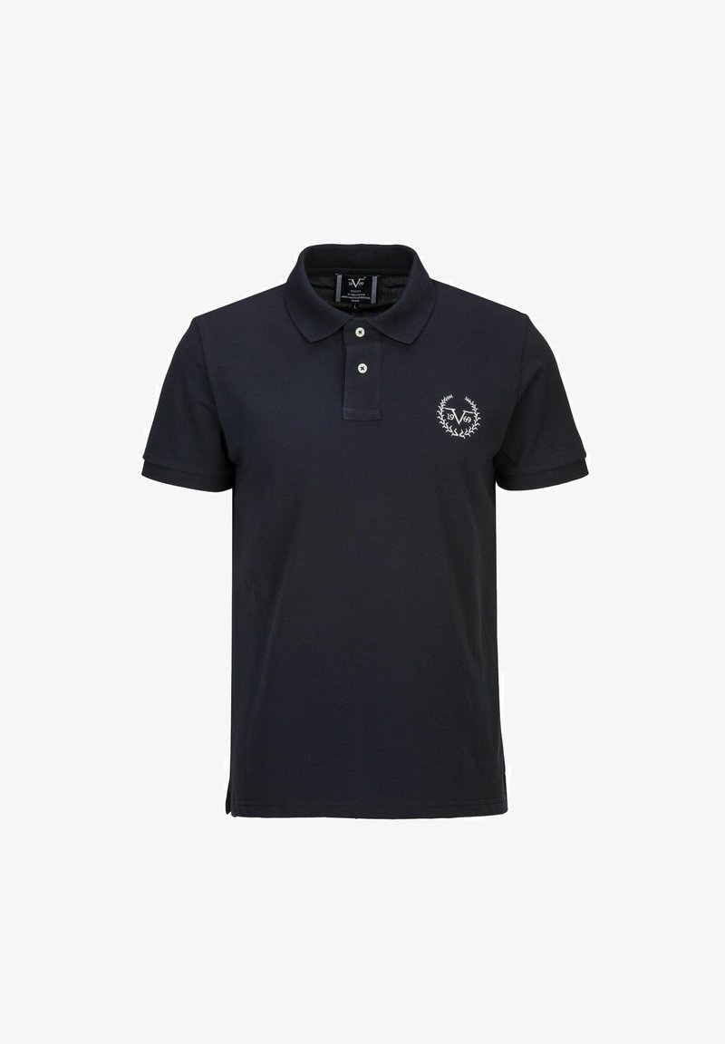Marineblauwe polo shirt van katoen, met een kraag, een twee-knopen knoopsluiting en een klein wit logo op de borst.