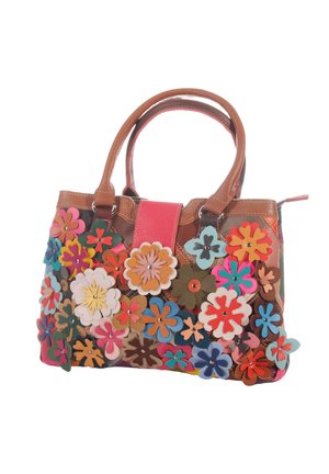 Braune Lederhandtasche, verziert mit bunten, geschichteten Blumenapplikationen und doppelten Griffen, mit rosa Riemenverschluss.