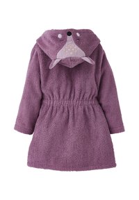 Purple terry cloth robe with a soft texture, featuring a hood designed as a cartoon animal with ears, a nose, and stitched details. Elastic waist.
