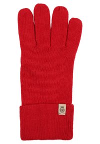 Rote gestrickte Handschuhe mit einem gerippten Bündchen, Fünf-Finger-Design und einem kleinen Logo-Patch am Bündchen. Die Textur ist weich und elastisch.