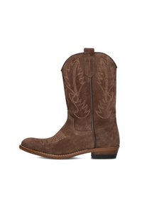 Brown suede cowboy boot with decorative stitching, pointed toe, short heel, and pull tab. Features embossed leaf patterns on the sides.