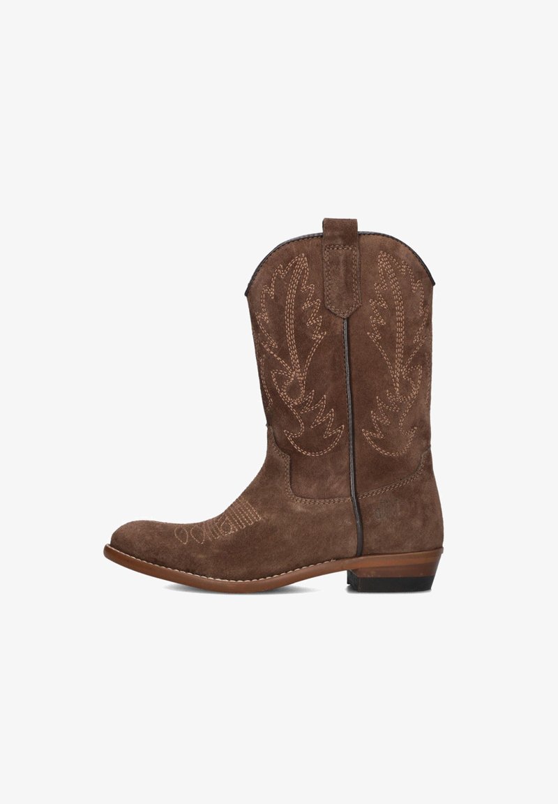 Brown suede cowboy boot with decorative stitching, pointed toe, short heel, and pull tab. Features embossed leaf patterns on the sides.
