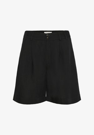 Sorte linnedrenede shorts med en skræddersyet design, der har to frontknapper, plisseringer i taljen og en bred benpasform. Glat tekstur.