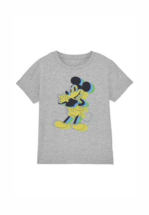 Gray short-sleeve t-shirt featuring a colorful abstract graphic of a cartoon character in yellow, blue, and black tones.