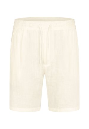 Weiße Leinen-Shorts mit einem strukturierten Muster, ausgestattet mit einem elastischen Bund und einem Kordelzug. Gerader Schnitt mit umgeschlagenen Säumen.