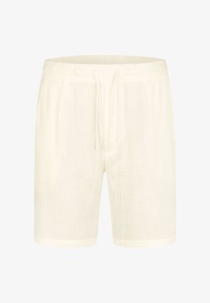 Weiße Leinen-Shorts mit einem strukturierten Muster, ausgestattet mit einem elastischen Bund und einem Kordelzug. Gerader Schnitt mit umgeschlagenen Säumen.