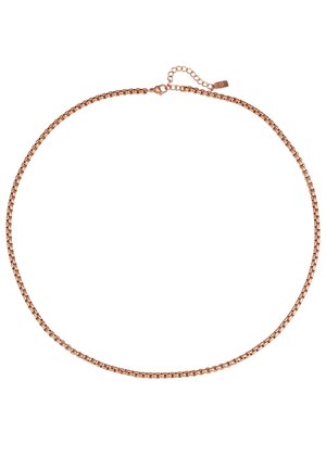 Halskette aus Roségold mit Kastenverbindungen und Karabinerverschluss mit verstellbarem Verlängerungselement auf weißem Hintergrund.