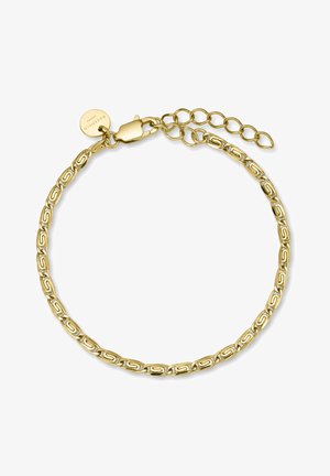 Gold chain bracelet with interlocking oval links, featuring a lobster clasp and an extension chain for adjustable length.