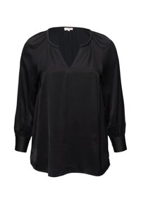 Zwarte blouse met lange mouwen en een V-hals. Gemaakt van een gladde stof, met geplooide details op de schouders en poffende mouwen.