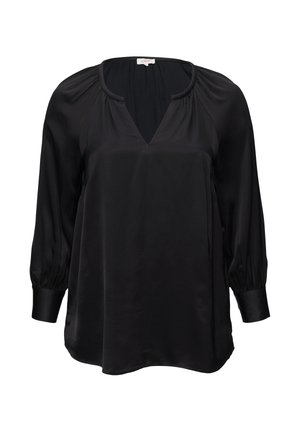 Black, long-sleeve blouse with a V-neck. Made of smooth fabric, features gathered detailing at the shoulders and puffed sleeves.