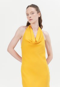 Robe jaune à col halter, avec un col drapé, en tissu lisse, à silhouette ajustée et de couleur unie, sans motifs ni ornements visibles.