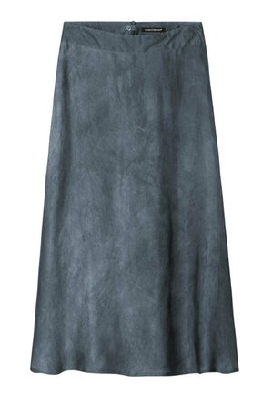 Dunkelgrauer, knielanger Rock mit subtiler Textur und Taillenbund, ausgestattet mit einem Reißverschluss auf der Rückseite.