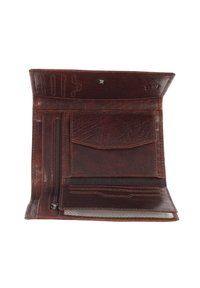 Brown leather wallet featuring multiple card slots, a zippered pocket, and a textured finish, with a snap closure and interior contrast lining.