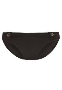 Slip di bikini nero con una texture liscia, caratterizzato da due bottoni laterali e dettagli di cucitura orizzontale nella parte superiore.