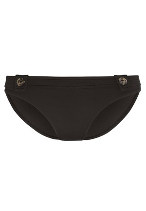 Black bikini bottom with a smooth texture, featuring two side buttons and horizontal stitching details at the top.