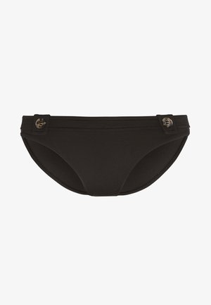 Parte inferior de bikini negra con una textura suave, que presenta dos botones laterales y detalles de costura horizontal en la parte superior.