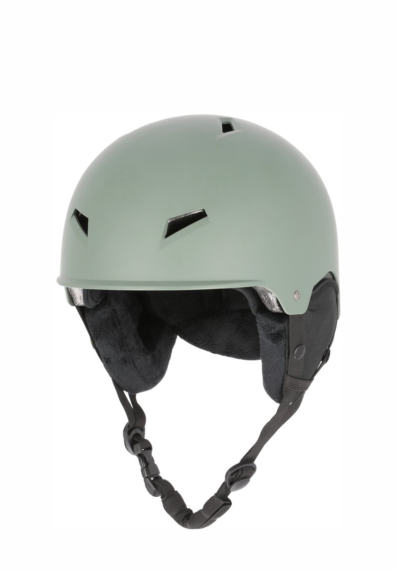 Matte grøn hjelm med luftventiler, bløde sorte ørepuder, justerbar hakrem og en glat ydre skal. Letvægtsdesign for sikkerhed.