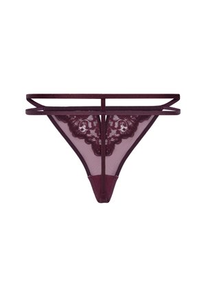 Burgunderfarbene Spitzenstring mit transparenten Netzpaneelen. Verfügt über schmale Träger und ein florales Spitzenmuster an der Vorderseite für dekorative Details.