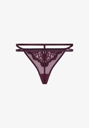 Burgundy lace thong with sheer mesh panels. Features slim straps and a floral lace pattern at the front for decorative detail.