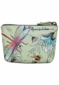 Grüne Lederasche mit bunten Insekten- und Blumendesigns. Verfügt über einen Reißverschluss und einen kleinen Akzentgriff. Kompakte Form.