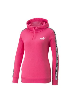 Sweat à capuche Puma rose vif avec logo blanc sur la poitrine et bande noire de marque courant le long des manches, doté d’une capuche à cordon et de poignets côtelés.