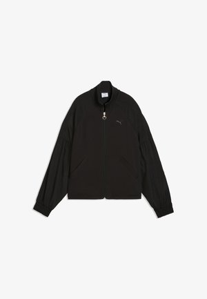 Zwarte jas met rits, lange opgepofte mouwen, elastische manchetten, twee voorzakken en een klein Puma-logo op de borst.
