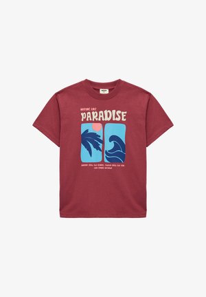Bordeaux kortærmet t-shirt med blå grafik af en palme og en bølge samt tekst med "Nature like Paradise" og en lille slogan nedenunder.