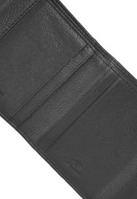 Black leather wallet opened flat, showing multiple card slots and embossed contactless payment symbol on bottom right corner.