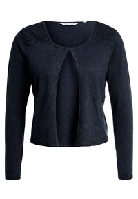 Cárdigan largo de color gris oscuro, con mangas largas, cuello redondeado, apertura frontal, acentos texturizados en los hombros y detalle de ribete en el dobladillo. Tela suave.