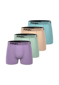 Quatre paires de slips de sport en lavande, vert menthe, pêche et teal. Équipés d'une ceinture élastique noire avec "FRGNSPORT" imprimé.