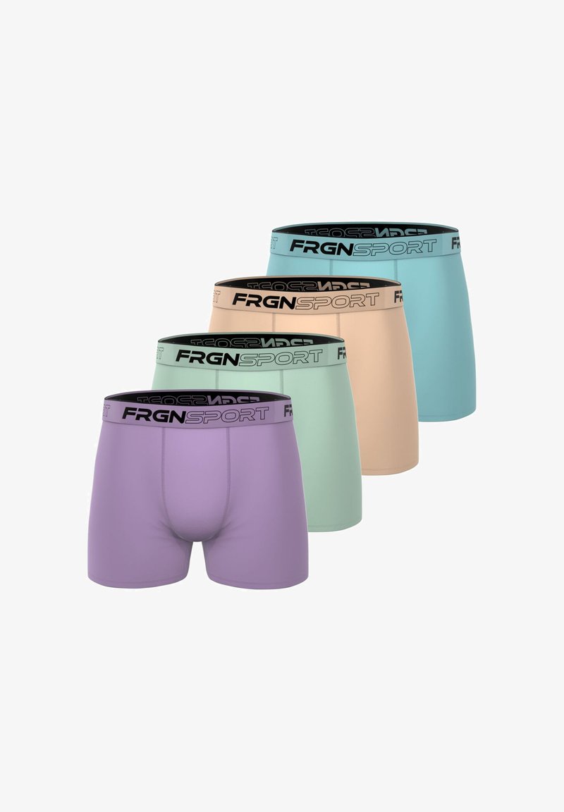 Quatre paires de slips de sport en lavande, vert menthe, pêche et teal. Équipés d'une ceinture élastique noire avec "FRGNSPORT" imprimé.