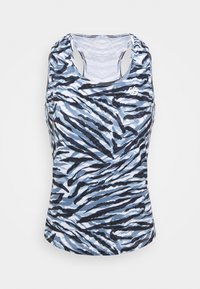 Blå och grå linne med ett tigermönster. Tillverkad av ett lätt och stretchigt tyg med rundad halsringning och utskuren rygg.