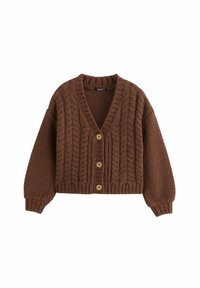 Brun stickad cardigan med djup V-hals, kraftiga kabelmönster och fyra träknappar. Har vida ärmar och ribbat fåll.
