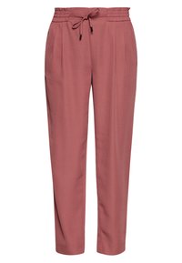 Roze broek met een elastische tailleband, trekkoorddetail en zijzakken. De stof lijkt glad met een losse pasvorm en smalle pijpen.