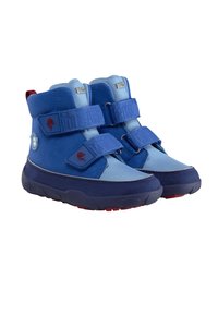 Bottes montantes bleu composées d'un mélange de matériaux lisses et texturés, avec des bandes Velcro et des accents rouges contrastants sur la semelle et le talon.