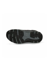 Black and gray athletic shoe sole with deep treads and patterned grip, shown against a white background.