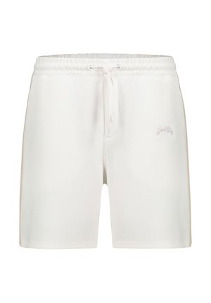 Weiße Shorts mit elastischem Bund, Kordelzug und dezentem "Good Stii"-Textlogo am linken Oberschenkel, schlichtes Design.