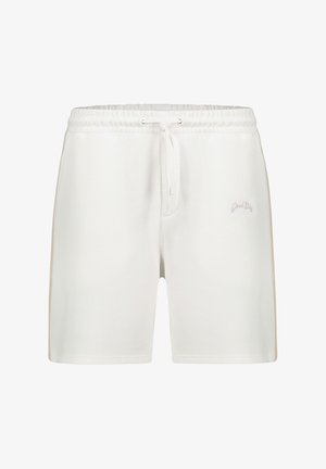 Weiße Shorts mit elastischem Bund, Kordelzug und dezentem "Good Stii"-Textlogo am linken Oberschenkel, schlichtes Design.