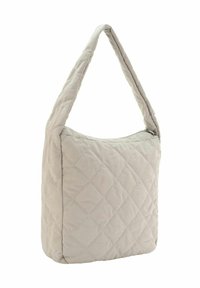 Sac à main en cuir matelassé couleur crème avec une seule bandoulière, présentant une texture douce, une forme carrée et un motif en diamant subtil à l'extérieur.