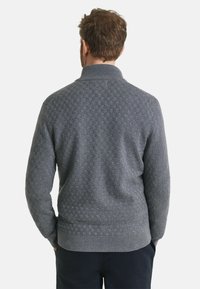 Grau gestrickter Pullover mit einem strukturierten Schachbrettmuster, hohem Kragen sowie gerippten Bündchen und Saum. Rückansicht gezeigt.