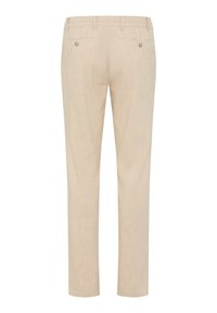 Beige linen trousers, slim fit with a smooth texture, featuring two back pockets with buttons and straight legs.