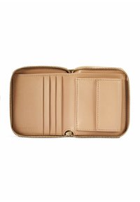 Otwarte, beżowe portfel z prawdziwej skóry, posiadające cztery kieszonki na karty po lewej stronie i dwie przegrody po prawej, zabezpieczone złotym zamkiem błyskawicznym na krawędziach.